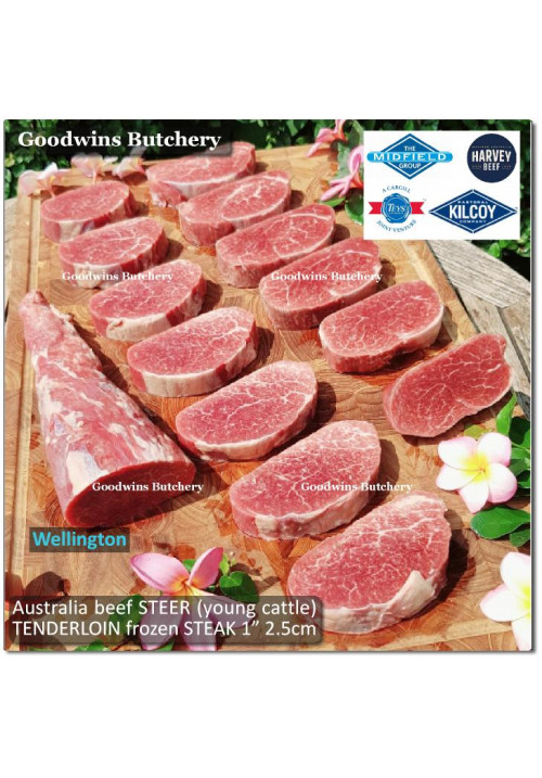 Beef Eye Fillet Mignon Has Dalam AGED TENDERLOIN "S" STEER (young cattle up to 2yo) Australia HARVEY frozen steak 2.5cm 1" (price/pack 500g 3-4pcs)